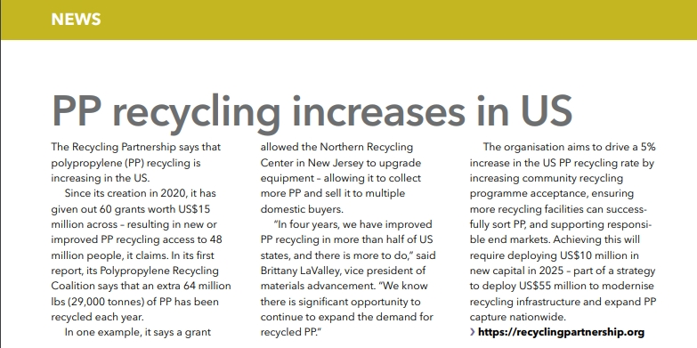 Le recyclage du PP augmente aux États-Unis